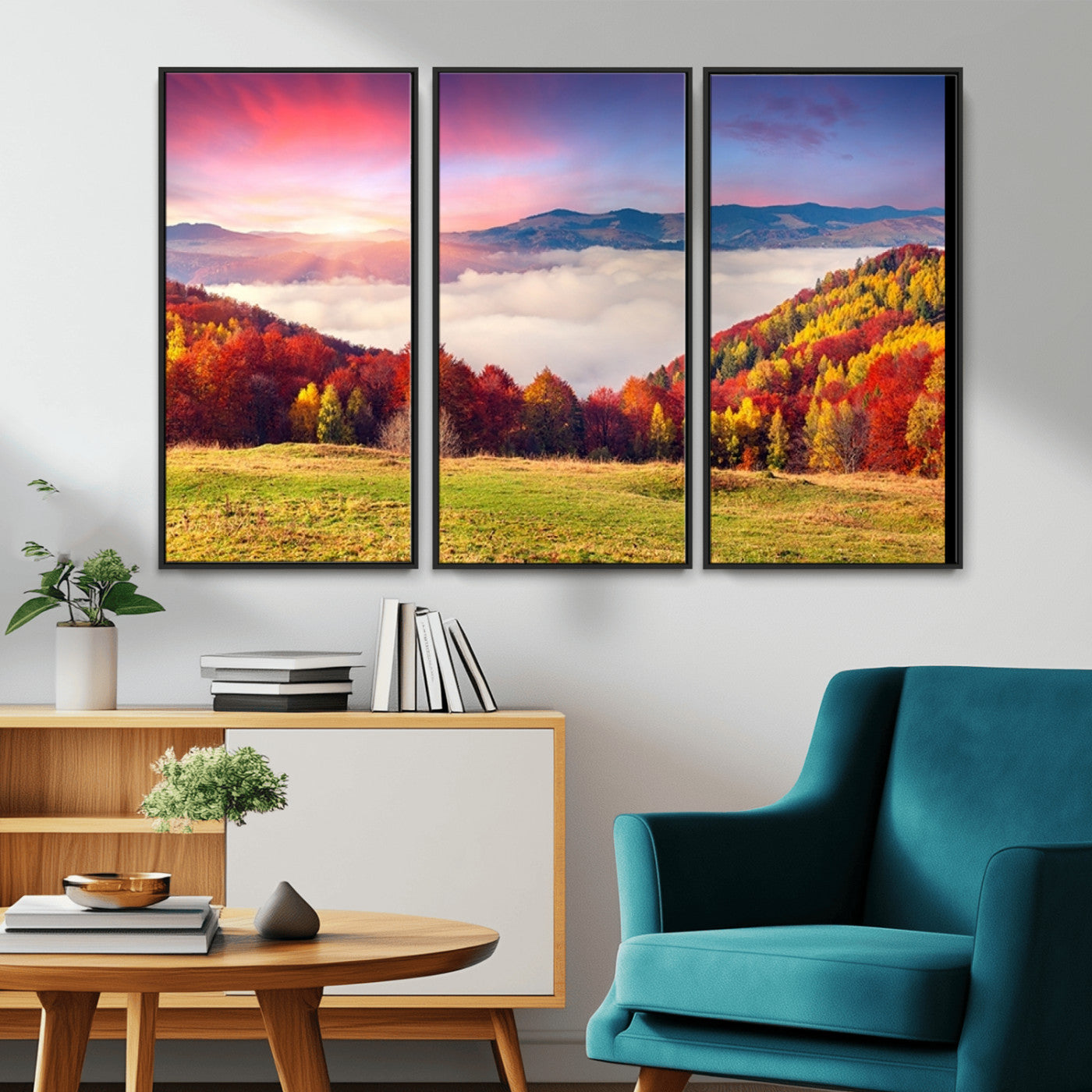 MGV-FC-48X32-3P - Autumn Mountain Foggy Landscape Wall Art Canvas Print | Beautiful Forest Canvas Print | Misty