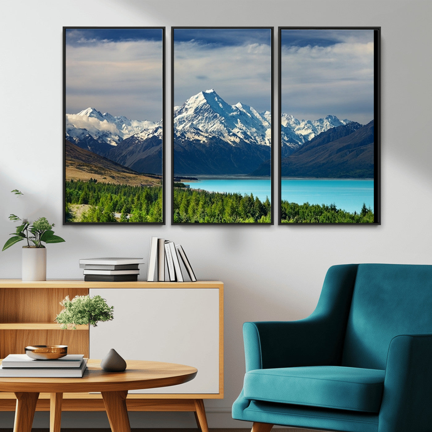MGV-FC-48X32-3P - Mount Cook and Lake Pukaki Canvas Wall Art Print – Majestic Snow-Capped Peaks and Serene Lake Wall
