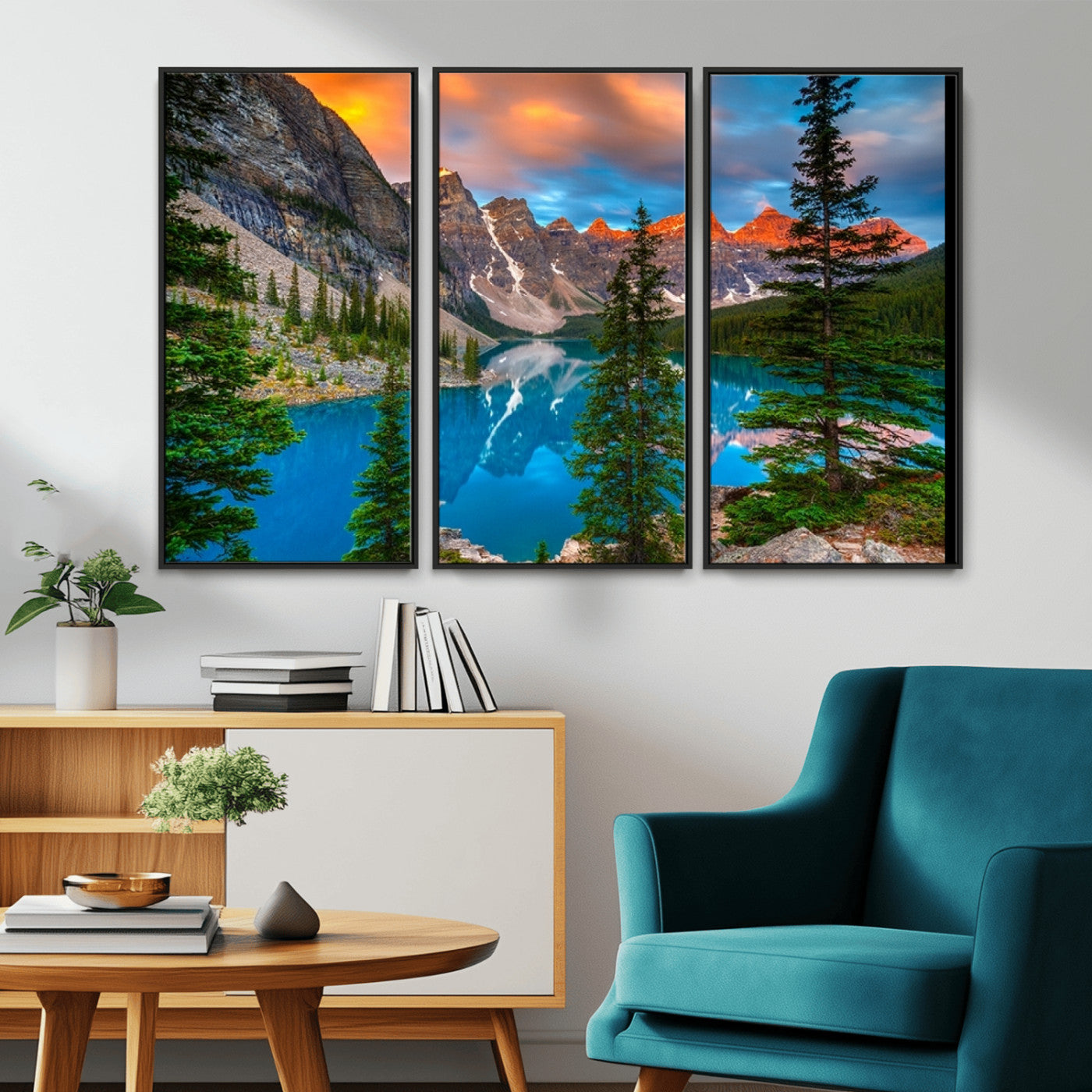 MGV-FC-48X32-3P - Canadian Rockies Moraine Lake Wall Art Canvas Print, Pine Trees Mountain Spring Canvas Print