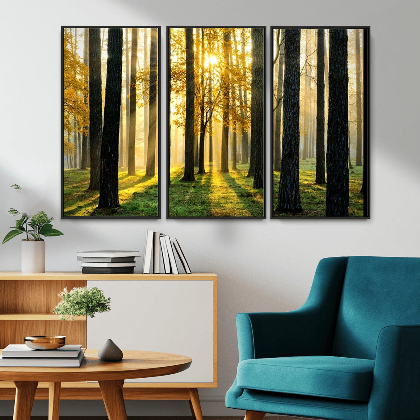 MGV-FC-48X32-3P - Sunlit Forest Canvas Wall Art – Serene Woodland Triptych Landscape Print – Nature-Inspired Decor for