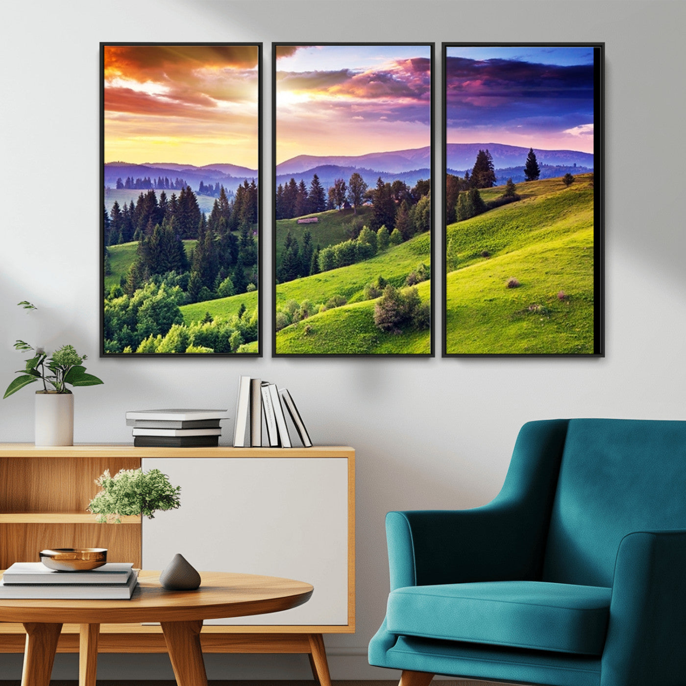MGV-FC-48X32-3P - Green Hills and Sunset Wall Art Print - Scenic Landscape with Lush Greenery and Vibrant Sky, Ready