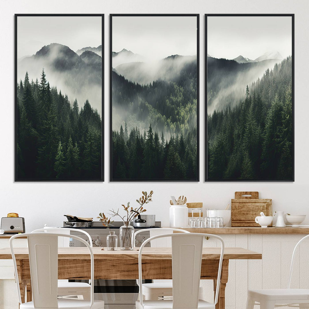 The Misty Forest Canvas Print Wall Art captures a serene misty forest scene with fog and mountains.