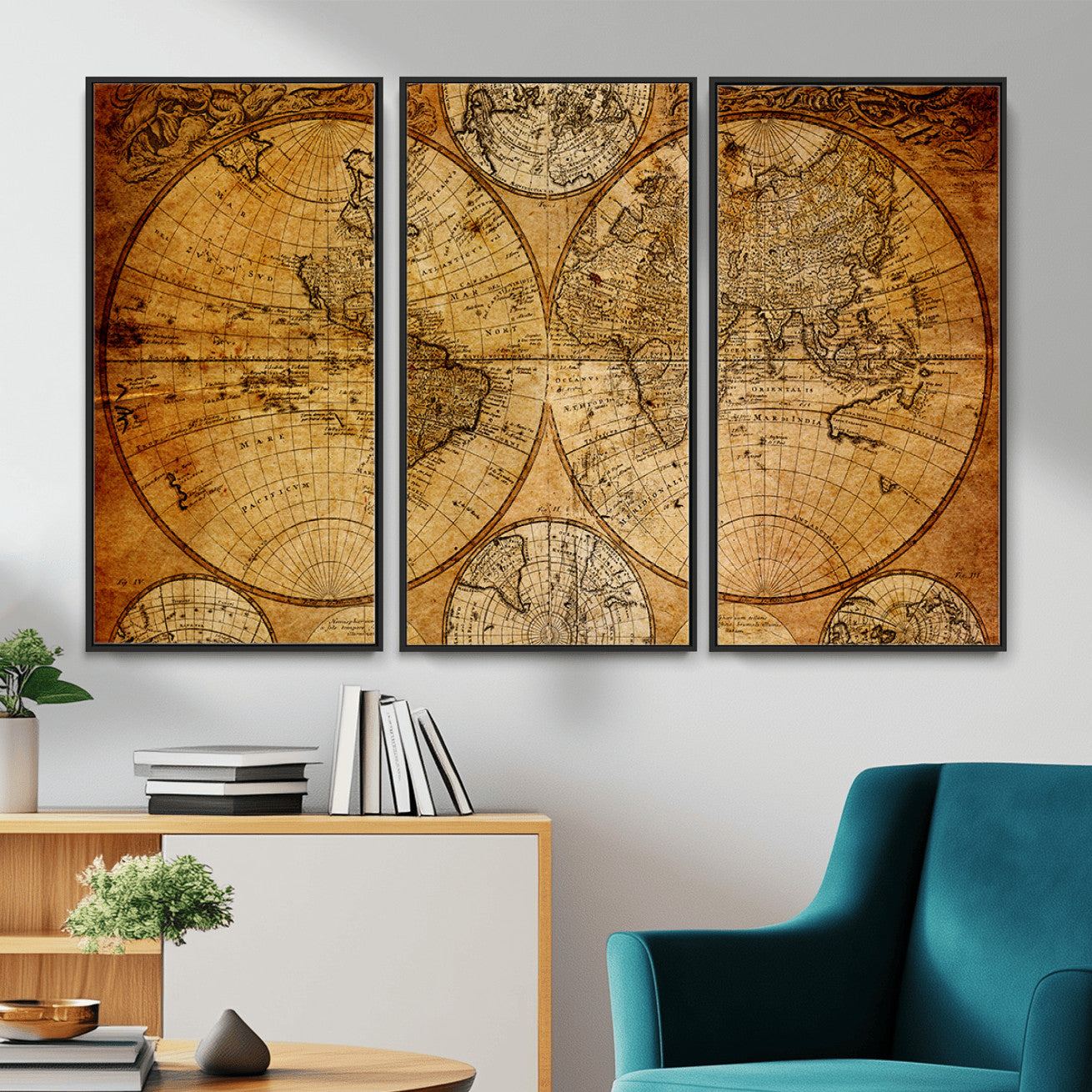 25517-MGV-FC-48X32-3P - Vintage World Map Canvas Print – Antique Push Pin Travel Map, Framed Wall Art for Home or Office Decor