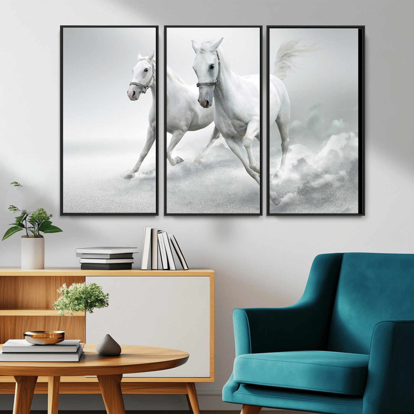 MGV-FC-48X32-3P - Large Wall Art Animal Canvas Print - Beautiful Running White Horses