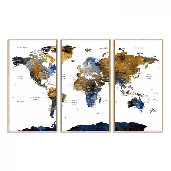 The Watercolor World Map Canvas showcases a grunge-stained background in gold, gray, and blue hues.