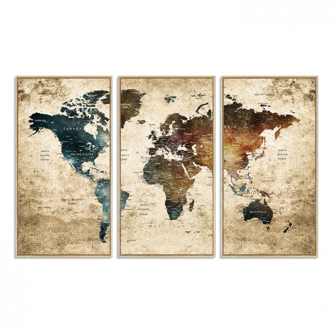 Grunge World Map Canvas featuring earth-toned continents, suitable for study, office, or living room.