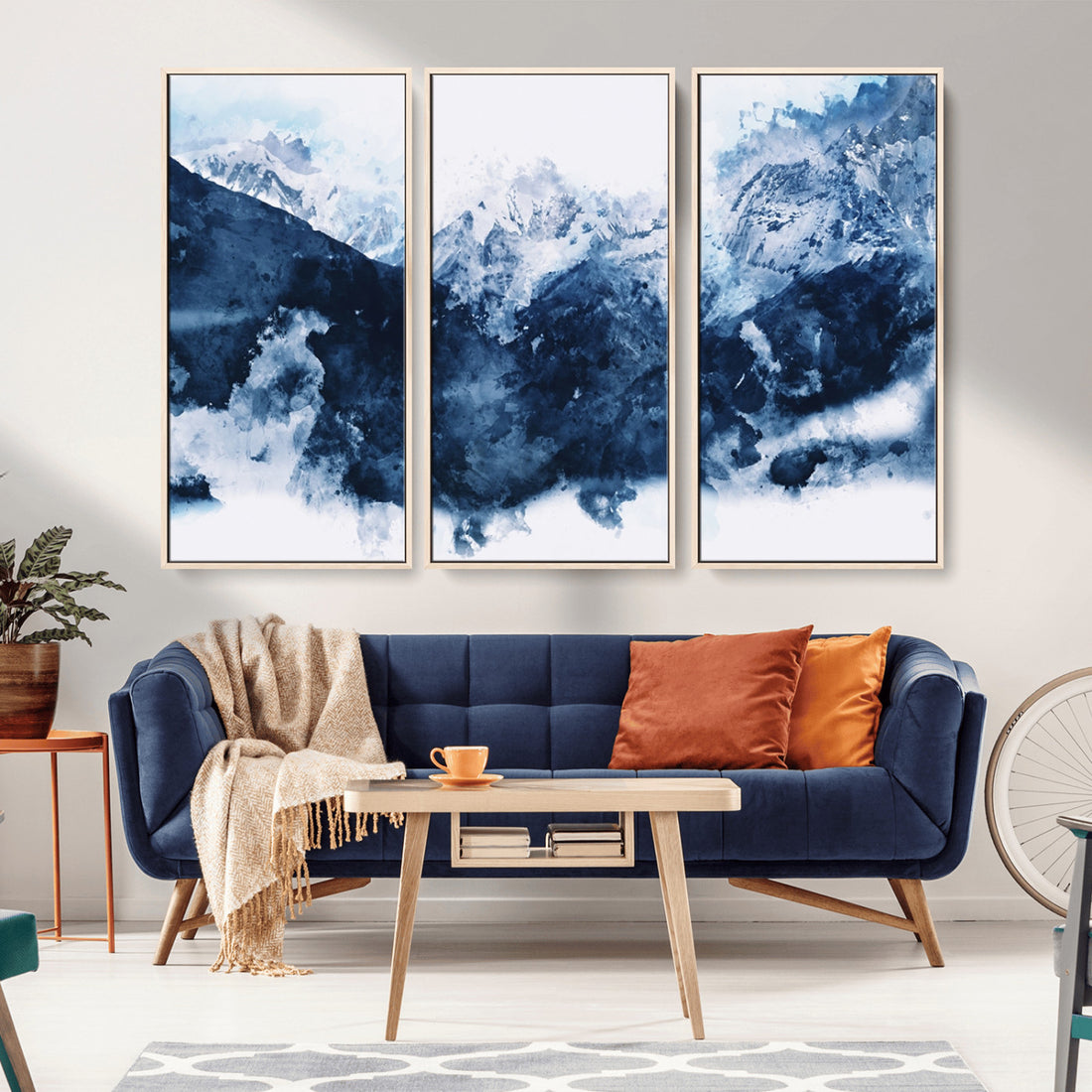 Abstract Blue Mountain Canvas Wall Art | Modern Triptych Landscape Print