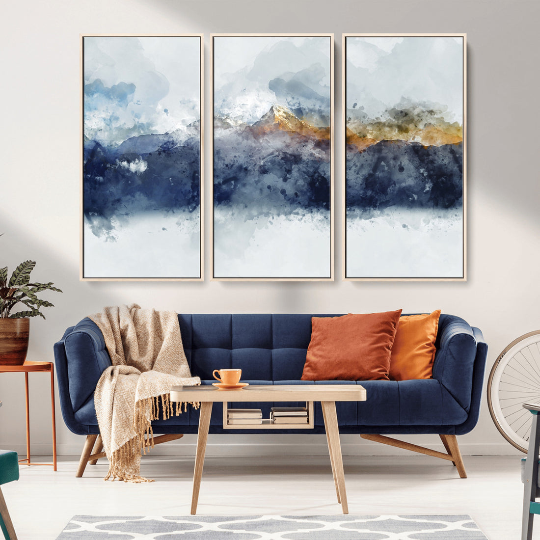 Abstract Mountain Range Art Canvas Print | 3 Panel Blue and Orange Watercolor Landscape