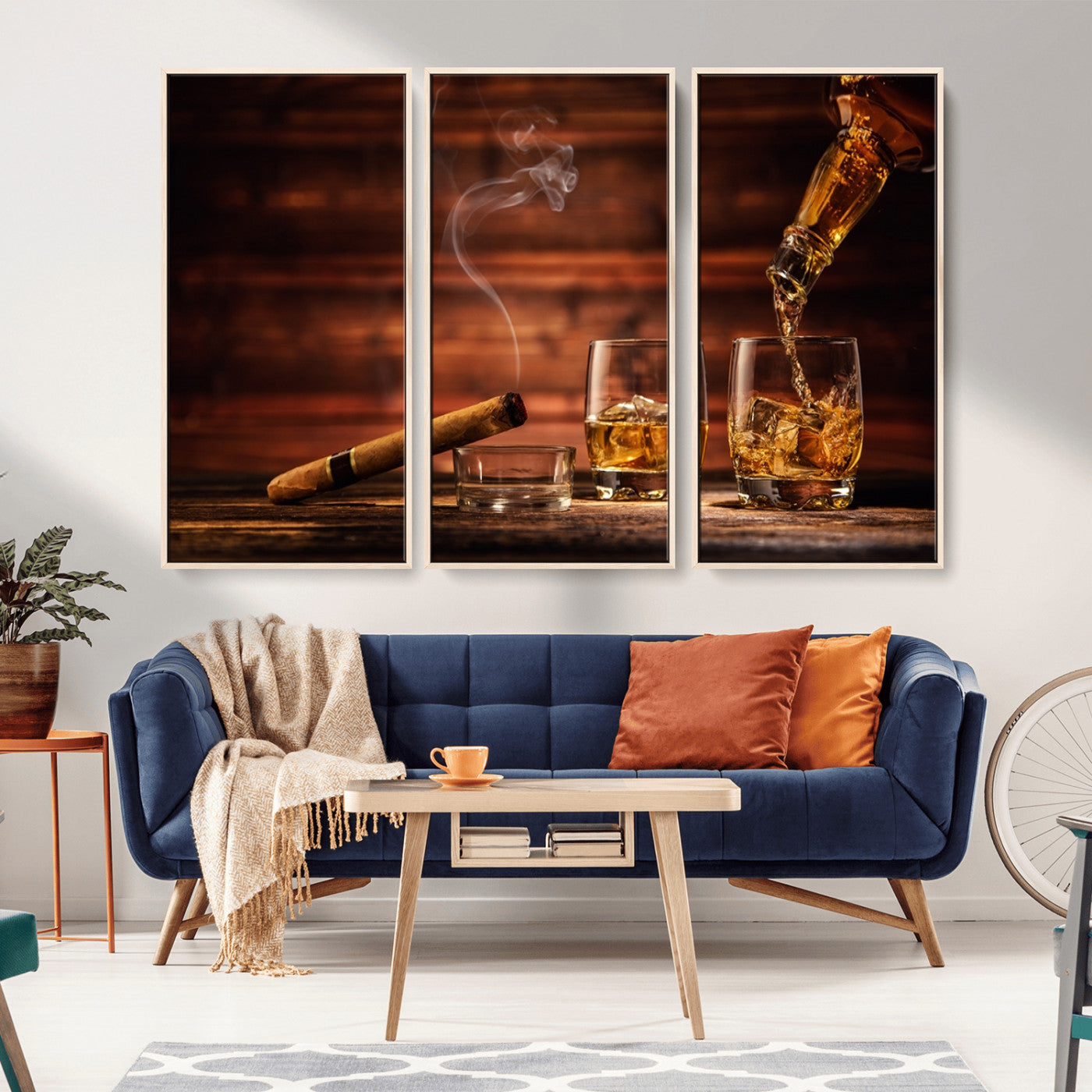 MGV-FC-48X32-3P - Whiskey and Cigar Wall Art Canvas | 3 Panel Bar Room Decor for Home Lounge, Office, or Man Cave |