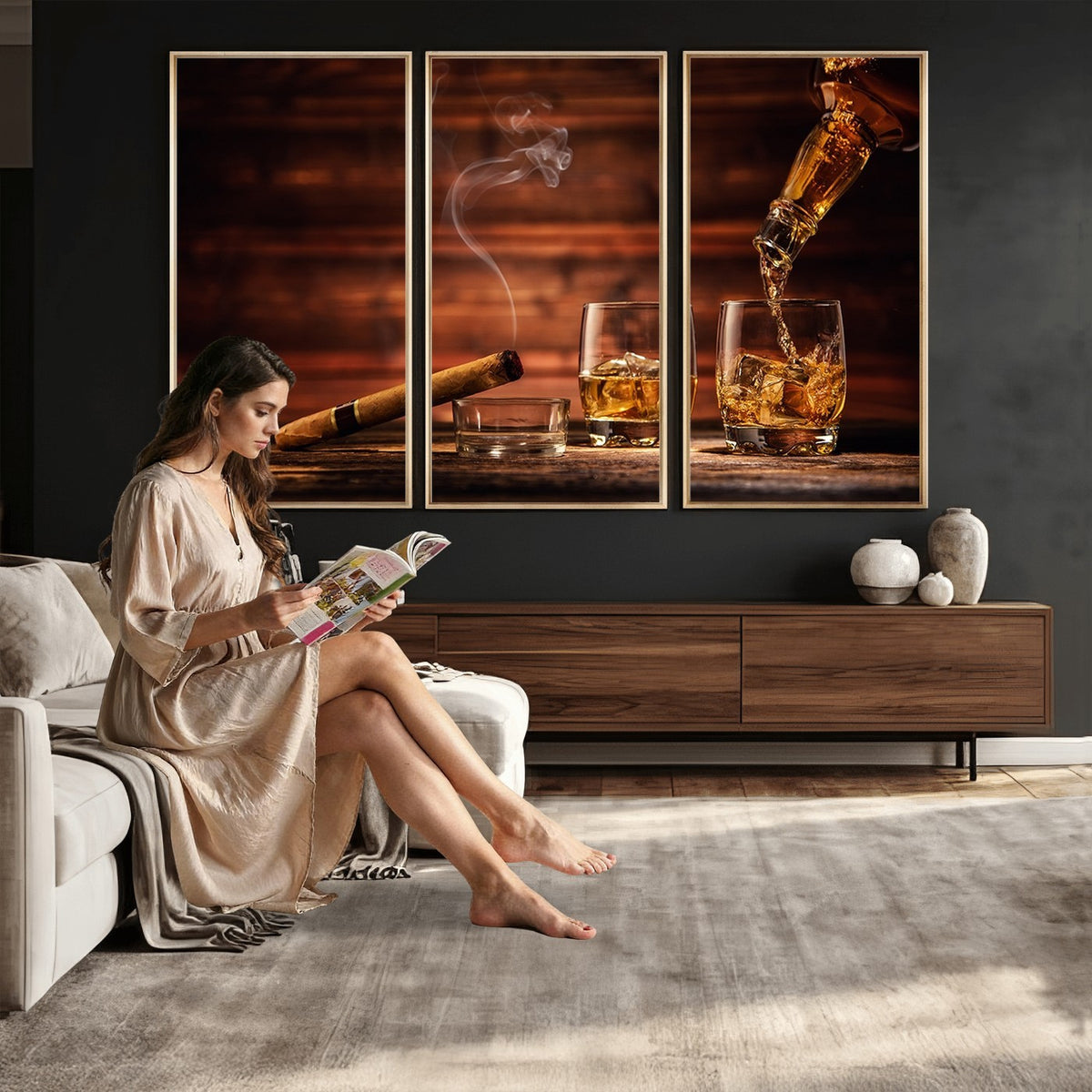 91042-MGV-CV-24X16 - Whiskey and Cigar Wall Art Canvas | 3 Panel Bar Room Decor