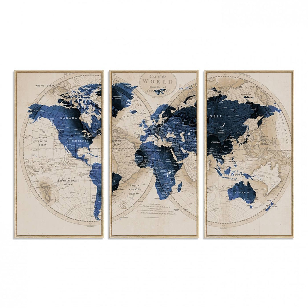 The Vintage Triptych Map Print is a grunge-stained blue and beige world map, perfect for enhancing wall decor.