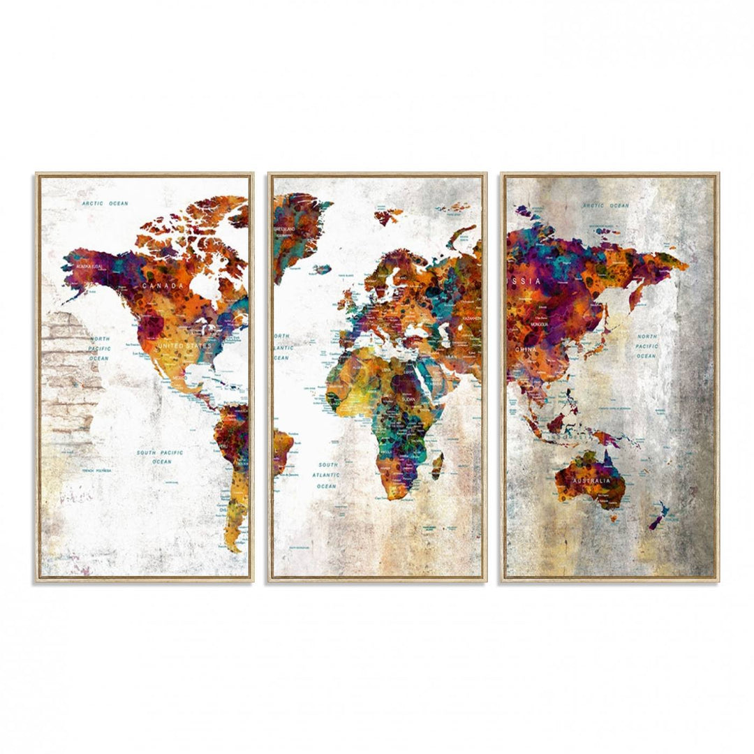 A vibrant Grunge Map Canvas Wall Art Set (3 Panels) for home or office decor, perfect for travel enthusiasts.