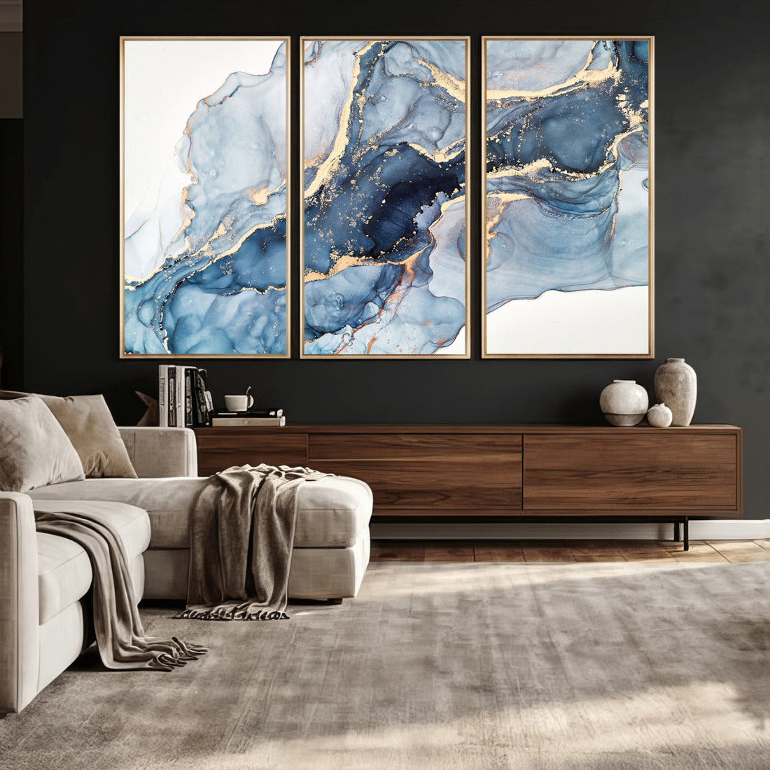 Blue Abstract Canvas Wall Art Print | Fluid Marble Effect Abstract Art