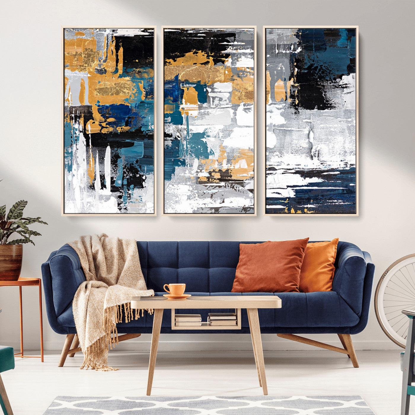 57708-MGV-CV-36X24-Blue and Gold Abstract Canvas Wall Art – Triptych Modern Painting for Living Room – Framed and Ready to Hang