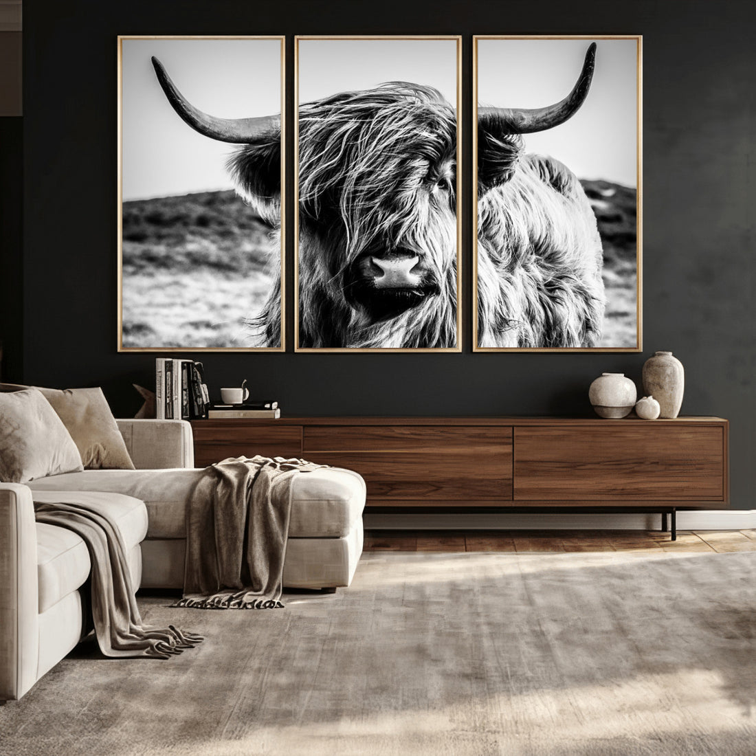 Highland Cow Wall Art | Black and White Farmhouse Canvas Print