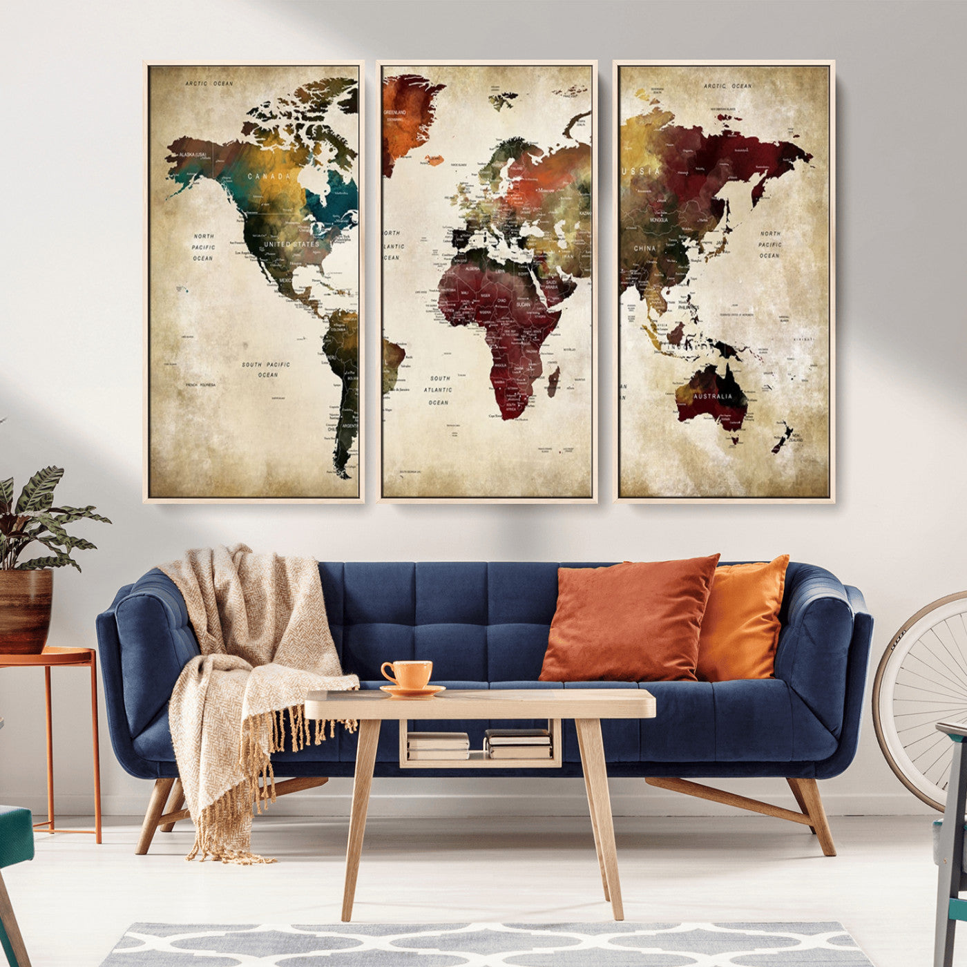MGV-FC-48X32-3P - Large World Map Wall Art Canvas Print, Framed Push Pin Map Art Picture Print, Abstract Traveller Map Perfect Modern Decor Artwork
