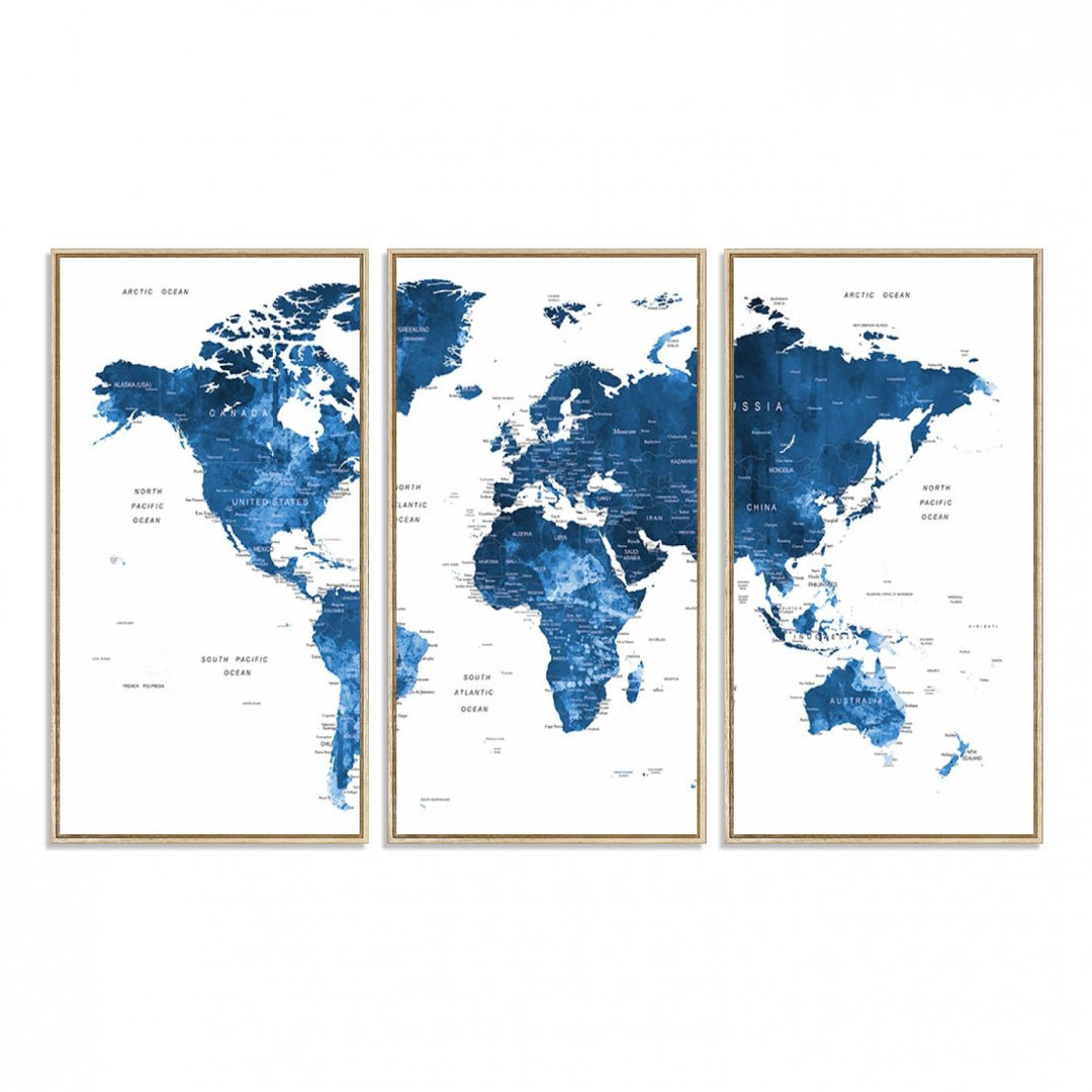 Navy Blue Wall Art World Map Canvas Print, an ideal piece for anyone seeking unique home or office decor.