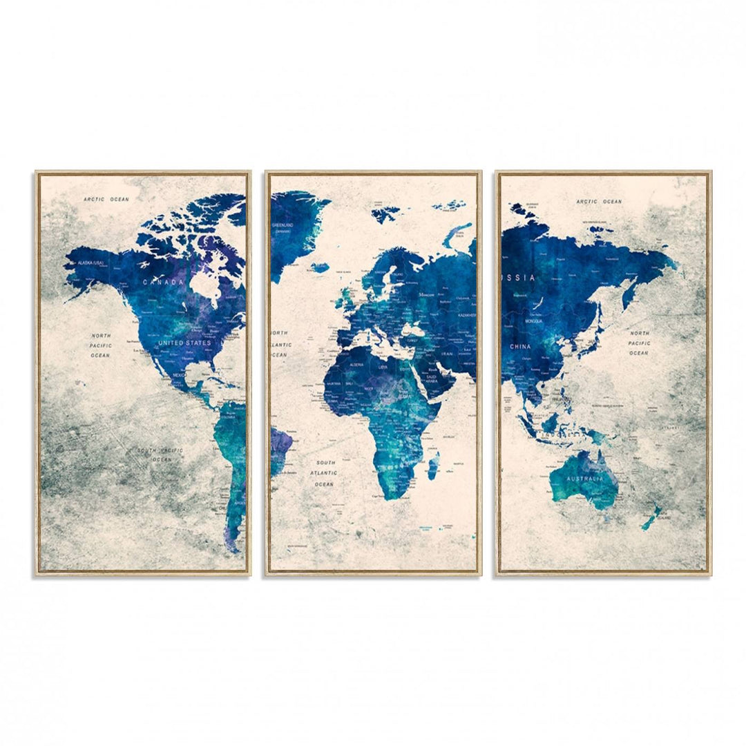 Navy Blue Push Pin World Map Canvas Print featuring a grunge-stained background, with labeled countries and oceans.