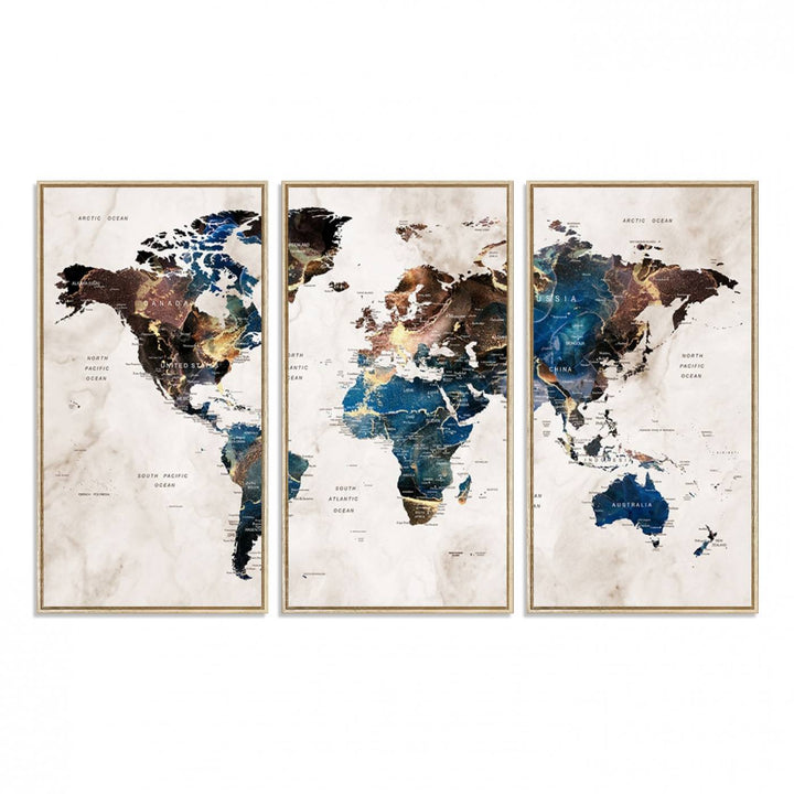 Abstract earth-toned 3-panel world map wall art featuring blues and browns, ready to hang; it showcases continents on modern canvas.