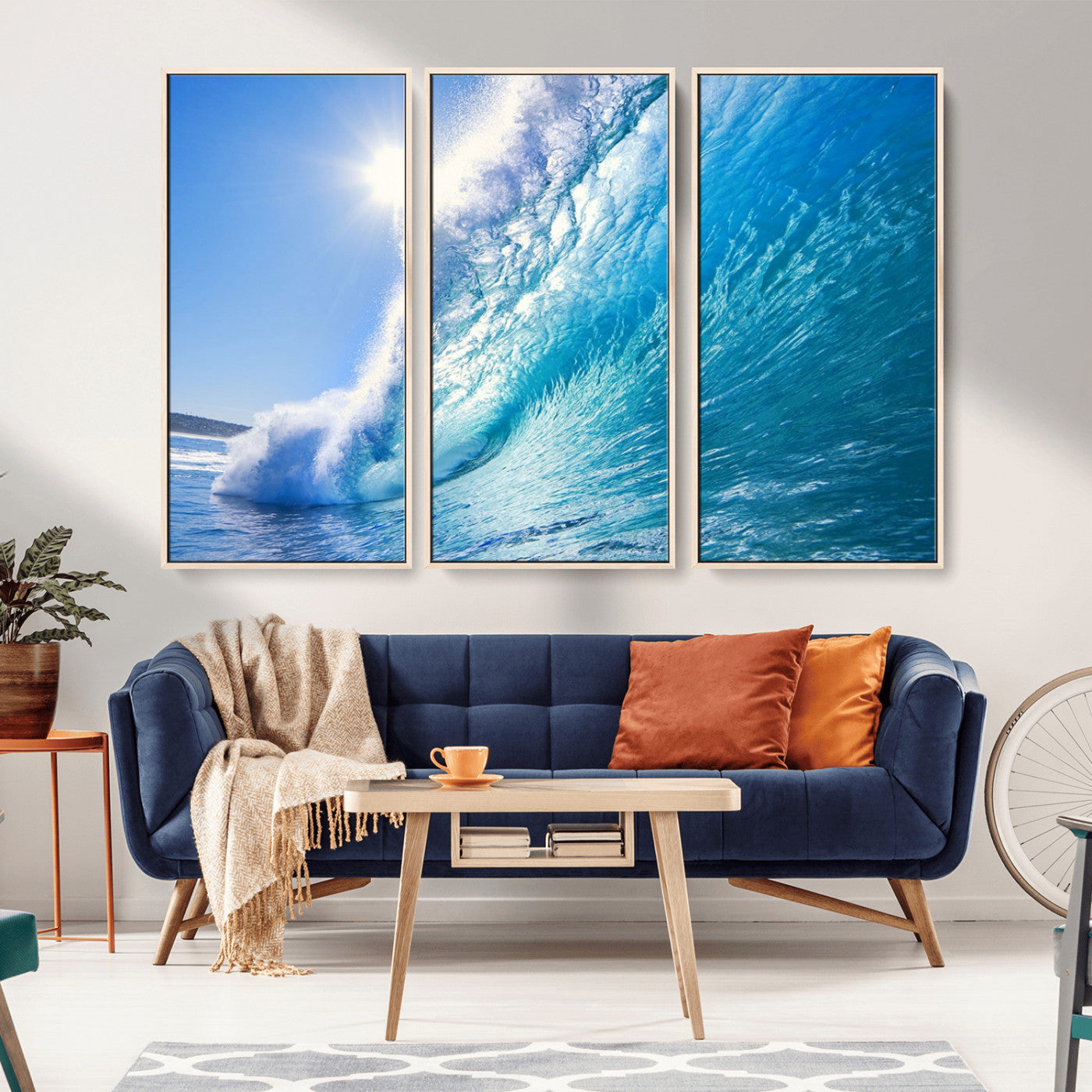 MGV-FC-48X32-3P - Blue Big Wave Surfing Ocean Canvas Wall Art Artwork Print , Surf Wall Art, Sea Wall Art