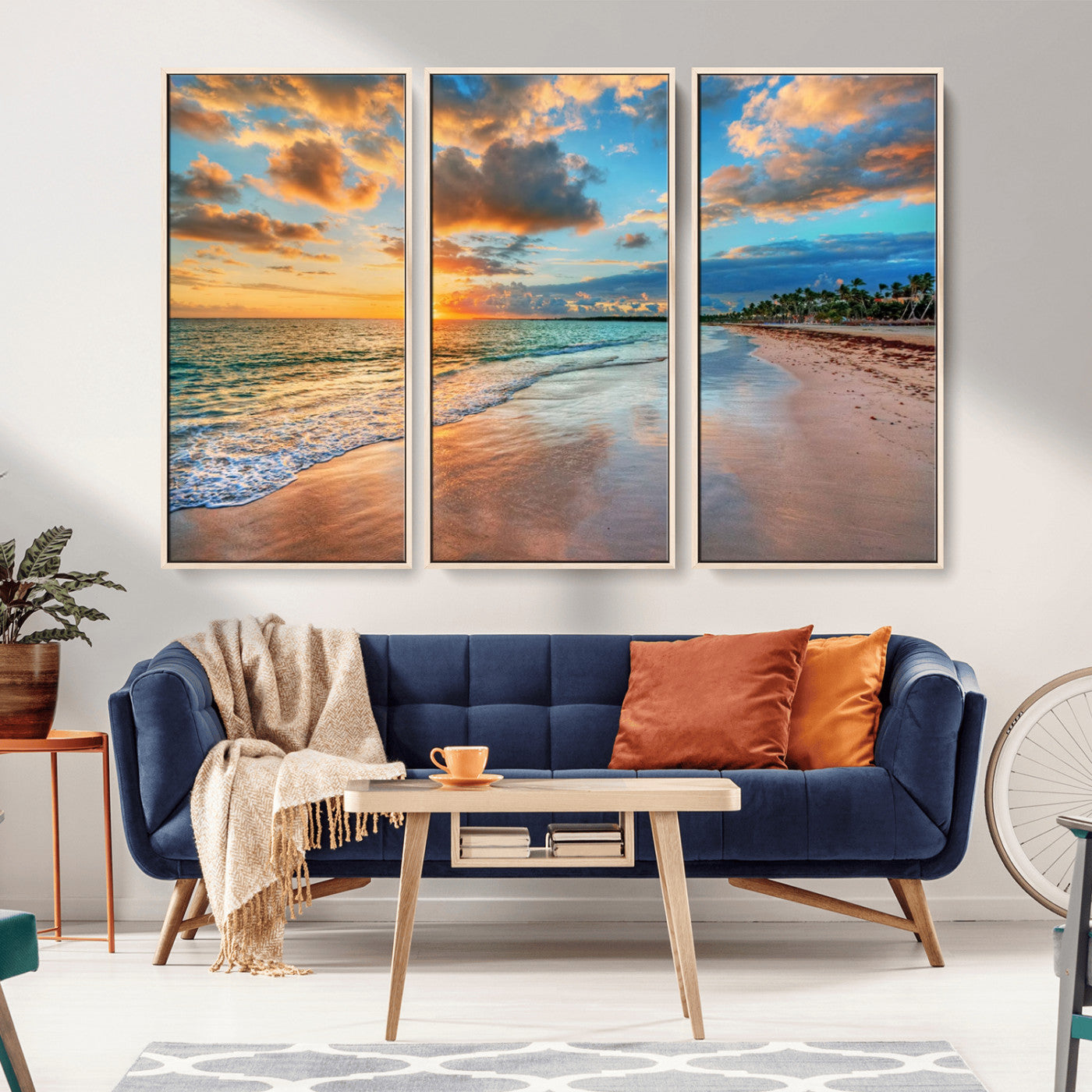 MGV-FC-48X32-3P - Sunset Ocean Waves on Tropical Beach, 3-Panel Giclee Canvas Art for Coastal Home Decor, Vibrant Palm-Lined Shore