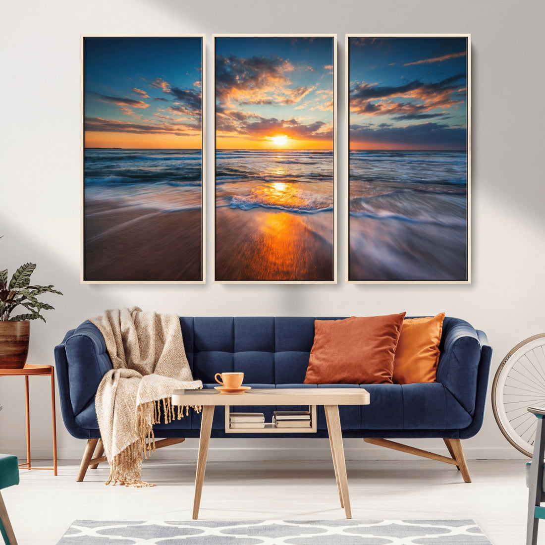 Sunset on the Ocean Beach with Waves, Reflections on Sand, Coastal Wall Art Print