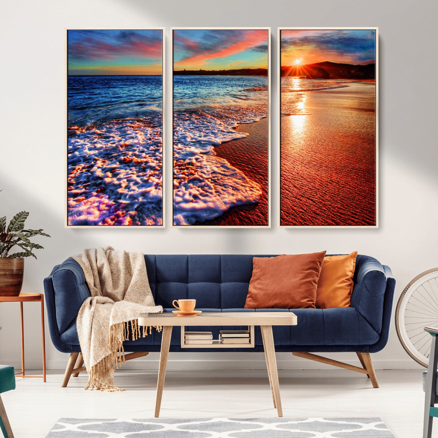 MGV-FC-48X32-3P - Colorful Coastal Sunset on the Beach Canvas Print, Ocean Waves Crashing at Dusk, Multi-Panel Seascape Vibrant Coastal Wall Art Canvas Print