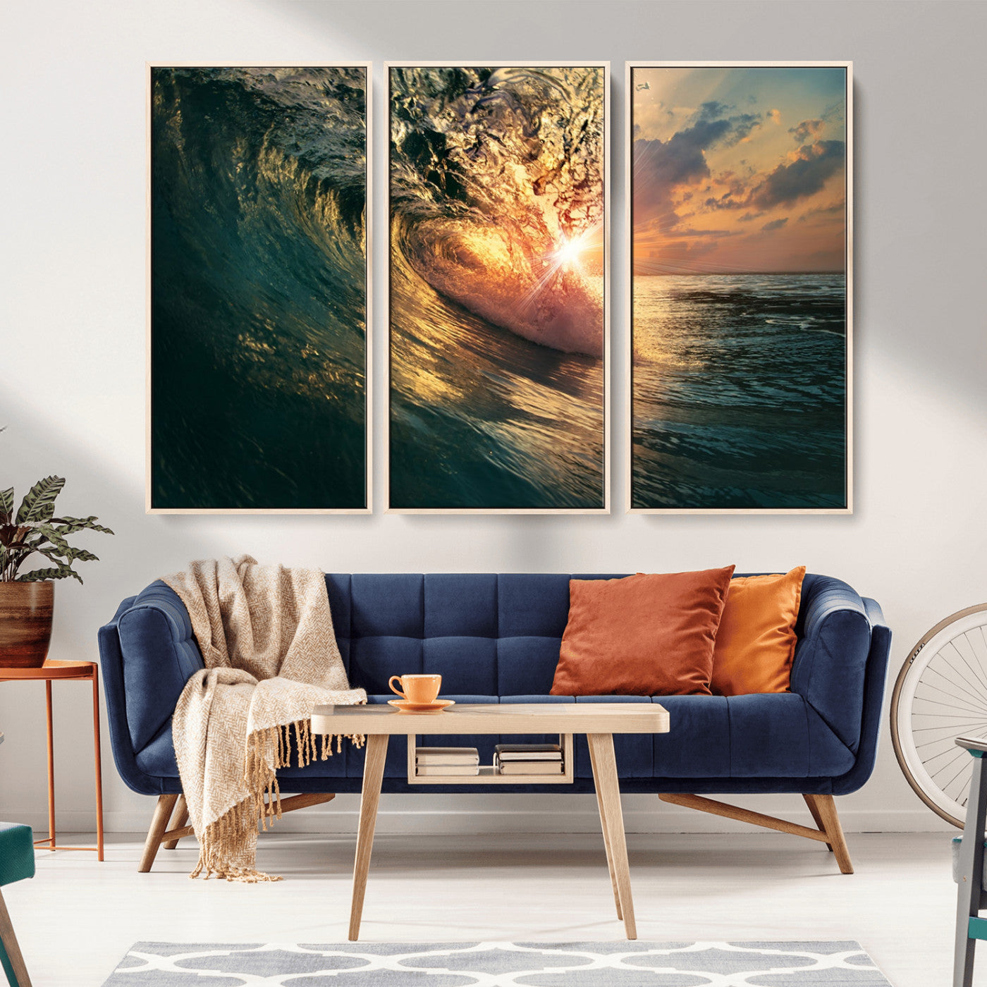 MGV-FC-48X32-3P - Ocean Wave Sunset Canvas Wall Art – Triptych Seascape Print – Framed and Ready to Hang for Living Room or Office