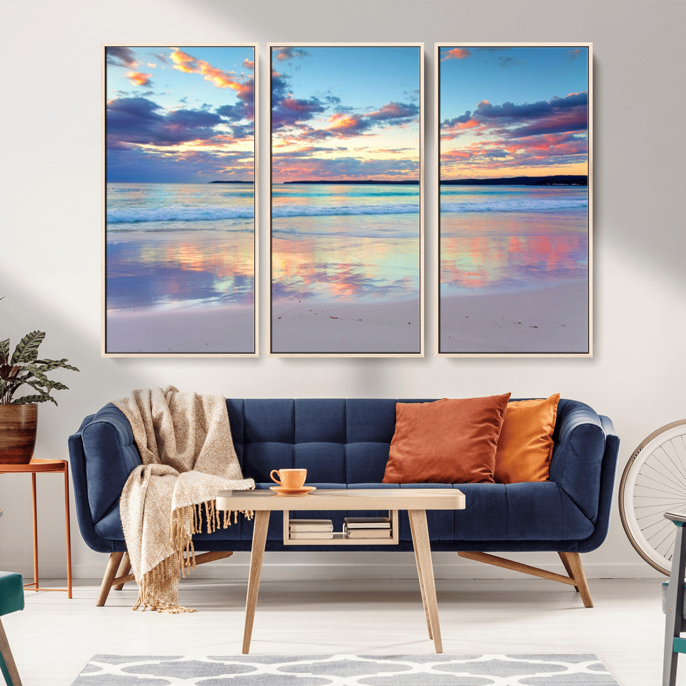 MGV-FC-48X32-3P - Tranquil Pastel Sunset Beach Triptych Canvas Art, Soothing Coastal Ocean Shoreline Giclee Print, Beach Reflections Wall Decor for Serene Spaces