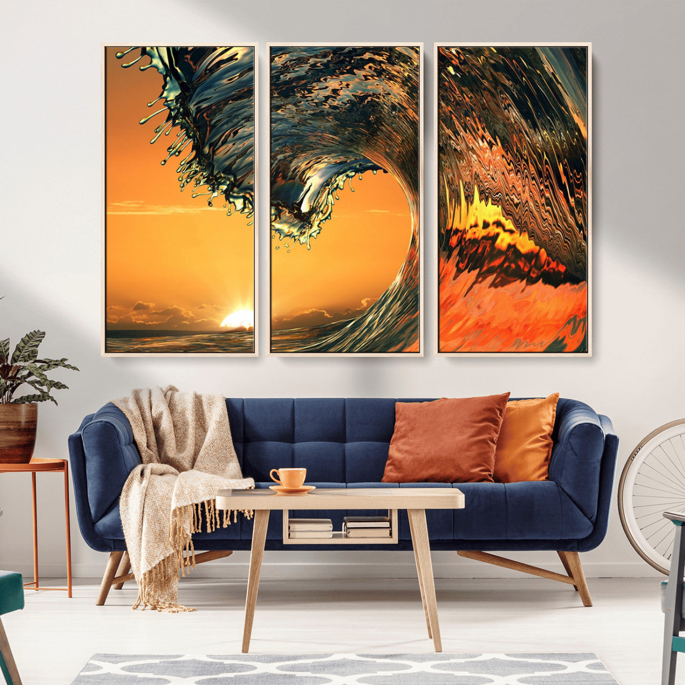 -Surf Wave Sunset Canvas Wall Art Print, 3-Panel Ocean Coastal Wall Art Print, Ocean Decor for