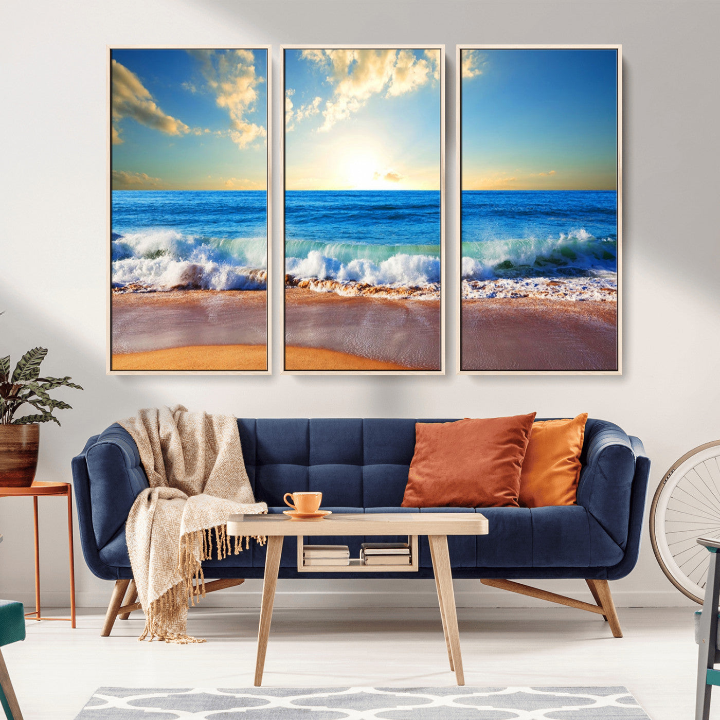 MGV-FC-48X32-3P - Tropical Beach Sunset Canvas Art, Ocean Waves and Sandy Shoreline Wall Art, Large Beach Decor for Coastal Homes