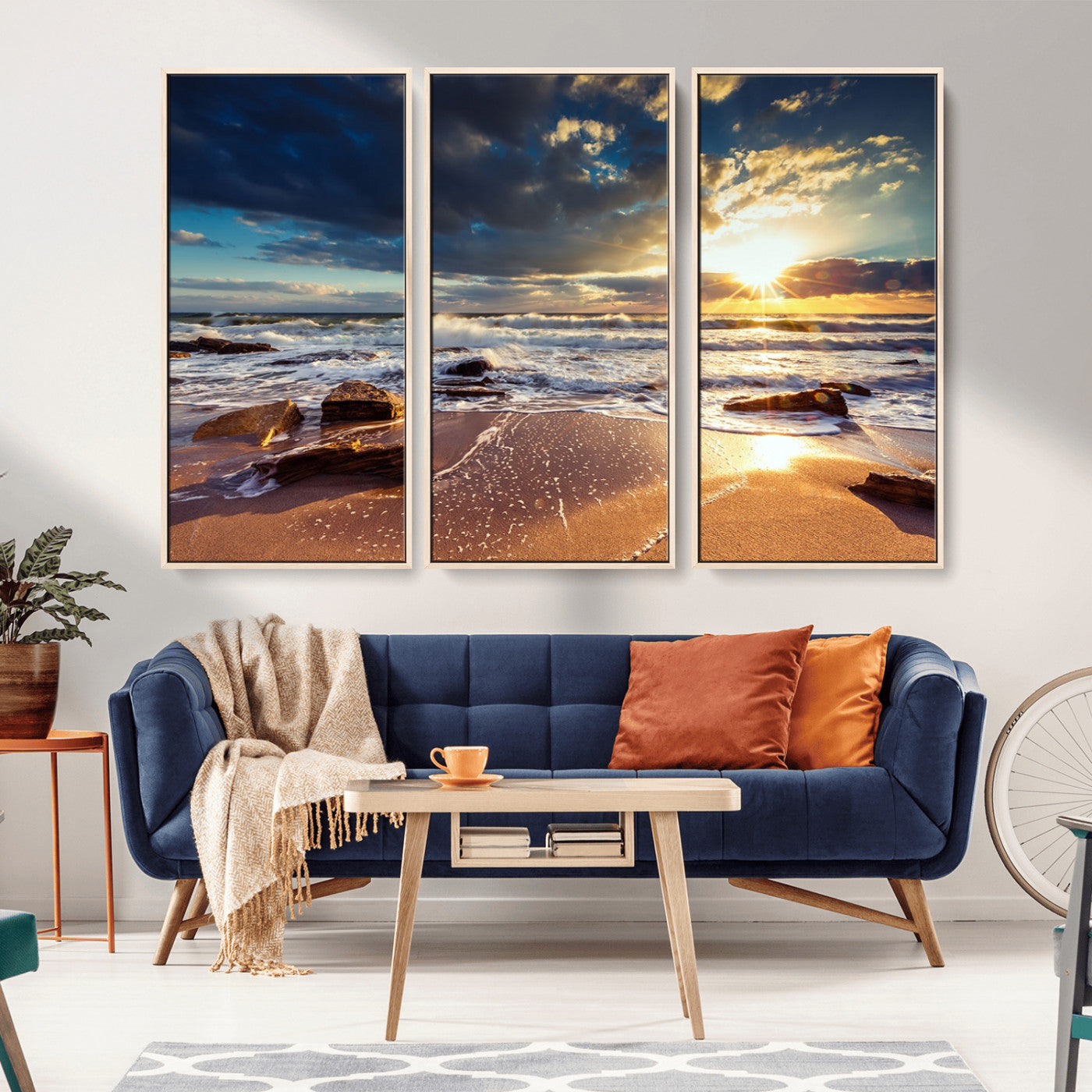 MGV-FC-48X32-3P - Golden Hour Beach Sunset Canvas Triptych, Ocean Waves and Rocks Wall Art for Coastal Home Decor