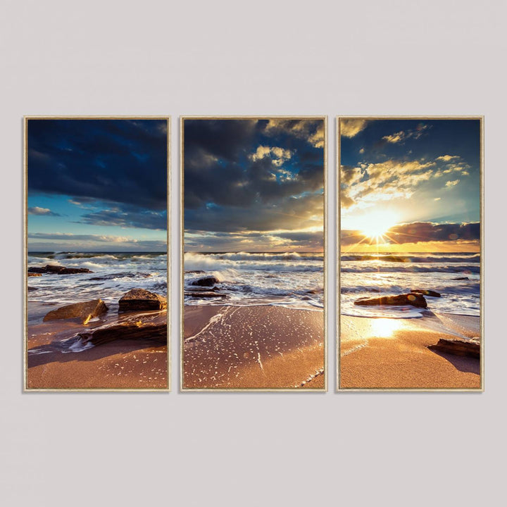 The Golden Hour Beach Sunset triptych adorns the wall with its captivating imagery.