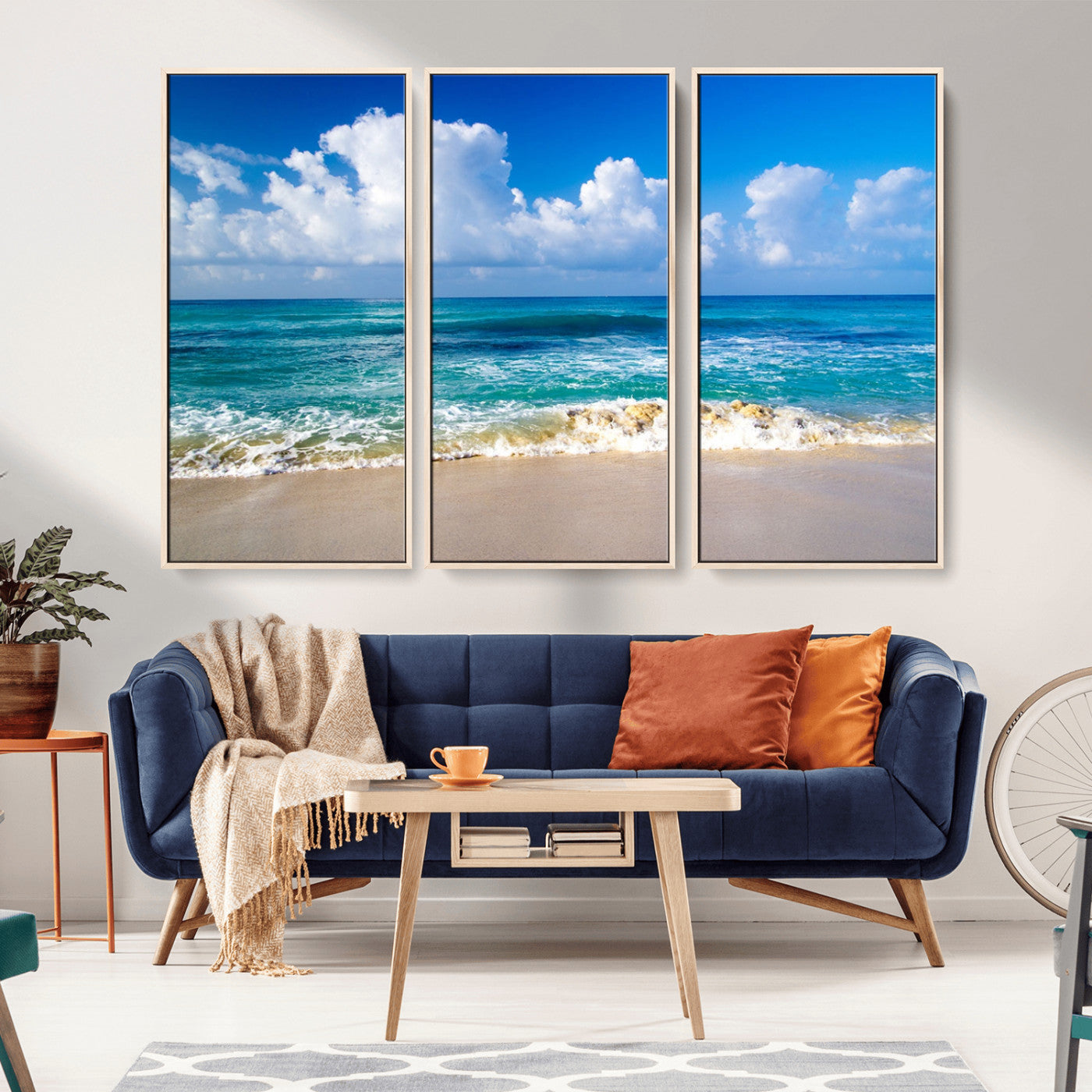 MGV-FC-48X32-3P - Tropical Beach 3-Panel Canvas Wall Art – Serene Ocean Waves and Blue Sky – Giclée Print for Living Room, Office, or Bedroom Coastal Decor