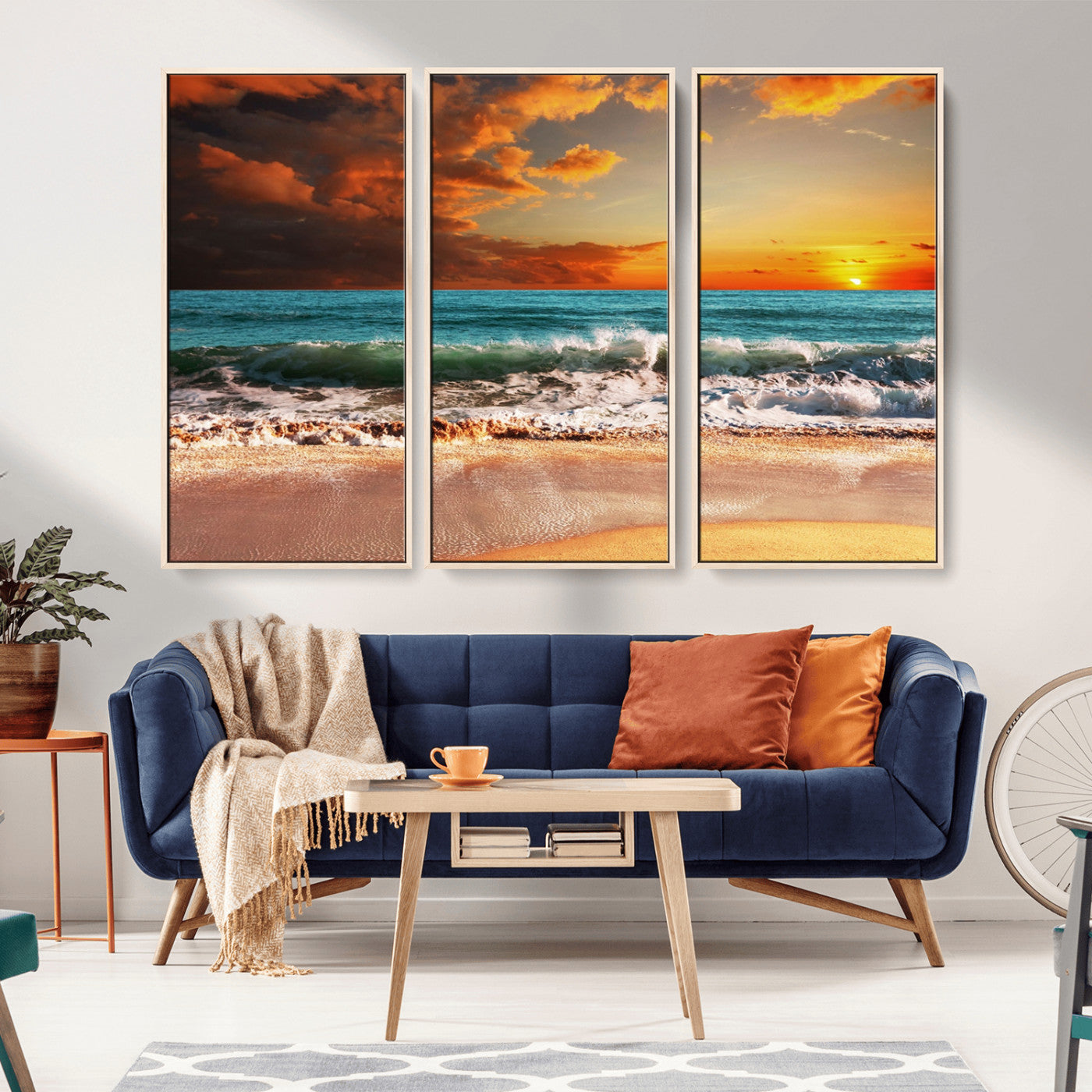 MGV-FC-48X32-3P - Golden Sunset Beach Canvas Wall Art – Triptych Seascape Print – Framed and Ready to Hang for Living Room or Office