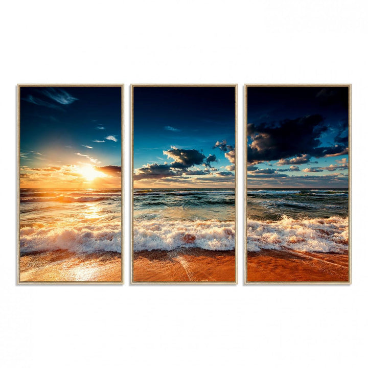 Golden Hour Sunset Over Ocean Waves Canvas: 3-Panel Coastal Landscape Art with Stunning Beach Photography Print.