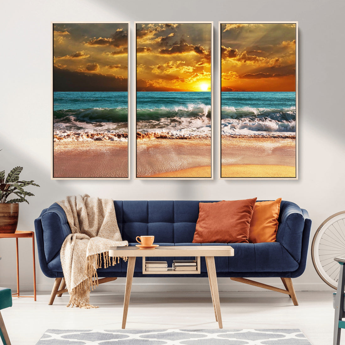 Golden Sunset Beach Canvas Wall Art | Triptych Seascape Print, Framed and Ready to Hang