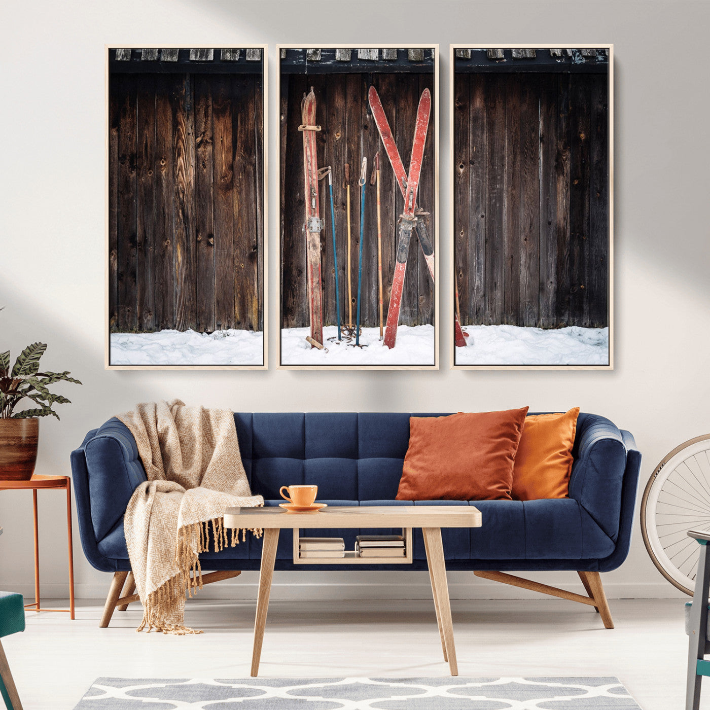 MGV-FC-48X32-3P - Vintage Ski Gear Against Wooden Cabin Wall, Rustic Winter Sports Equipment Canvas Print, Ready to Hang Wall Art, Perfect for Lodge or Ski Cabin Decor