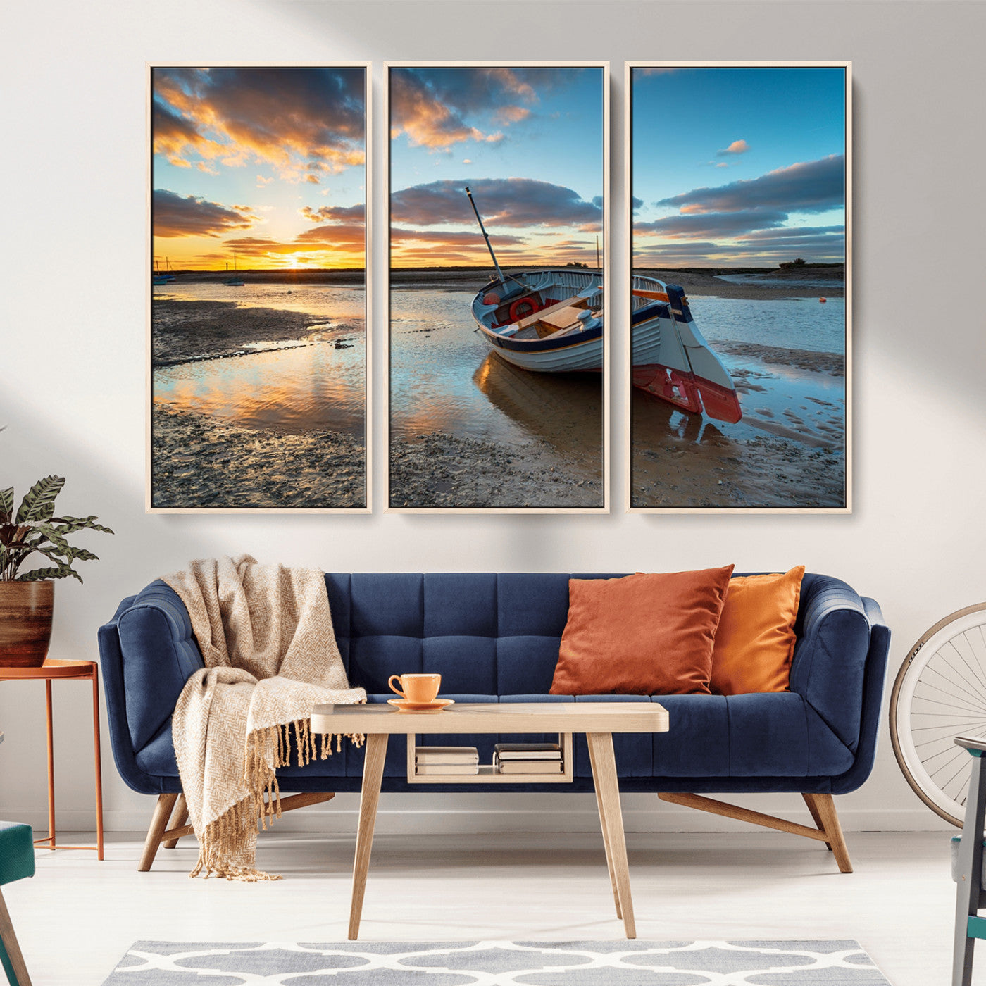 MGV-FC-48X32-3P - Small Boat At The Beach Sunset Wall Art, Boat Sunset Wall Art Canvas Print