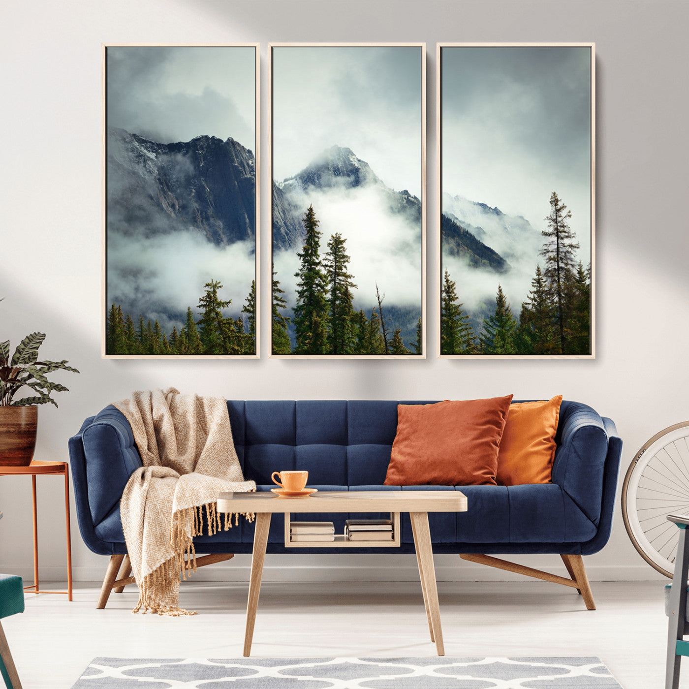 MGV-FC-48X32-3P - Mountain Mist Canvas Wall Art | 3-Panel Foggy Forest and Mountain Landscape | Large Giclee Print for Living Room, Office, or Cabin, Farmhouse Decor