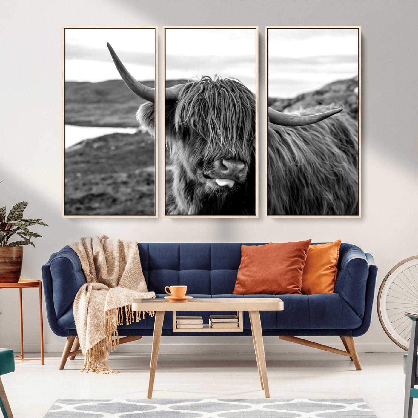 MGV-FC-48X32-3P - Highland Cow Canvas Wall Art – Black and White Animal Portrait – Framed and Ready to Hang Rustic Farmhouse Decor for Living Room or Office