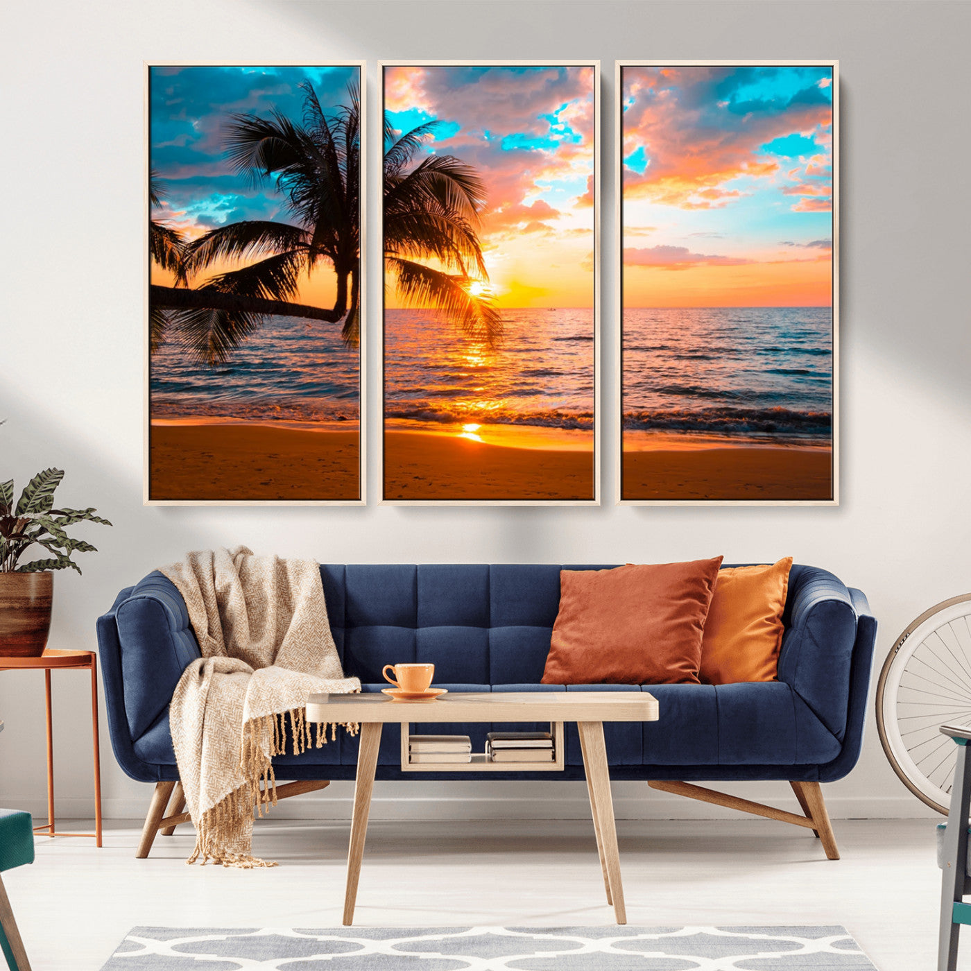 -Palm Tree Sunset On The Beach Wall Art Canvas, Framed Palm Tree Sunset Canvas Print