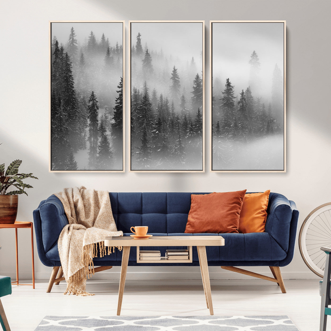 MGV-FC-48X32-3P - Black and White Forest Wall Art Print – Misty Pine Tree Canvas Print – Winter Woodland Nature Artwork – Perfect for Minimalist Home Decor