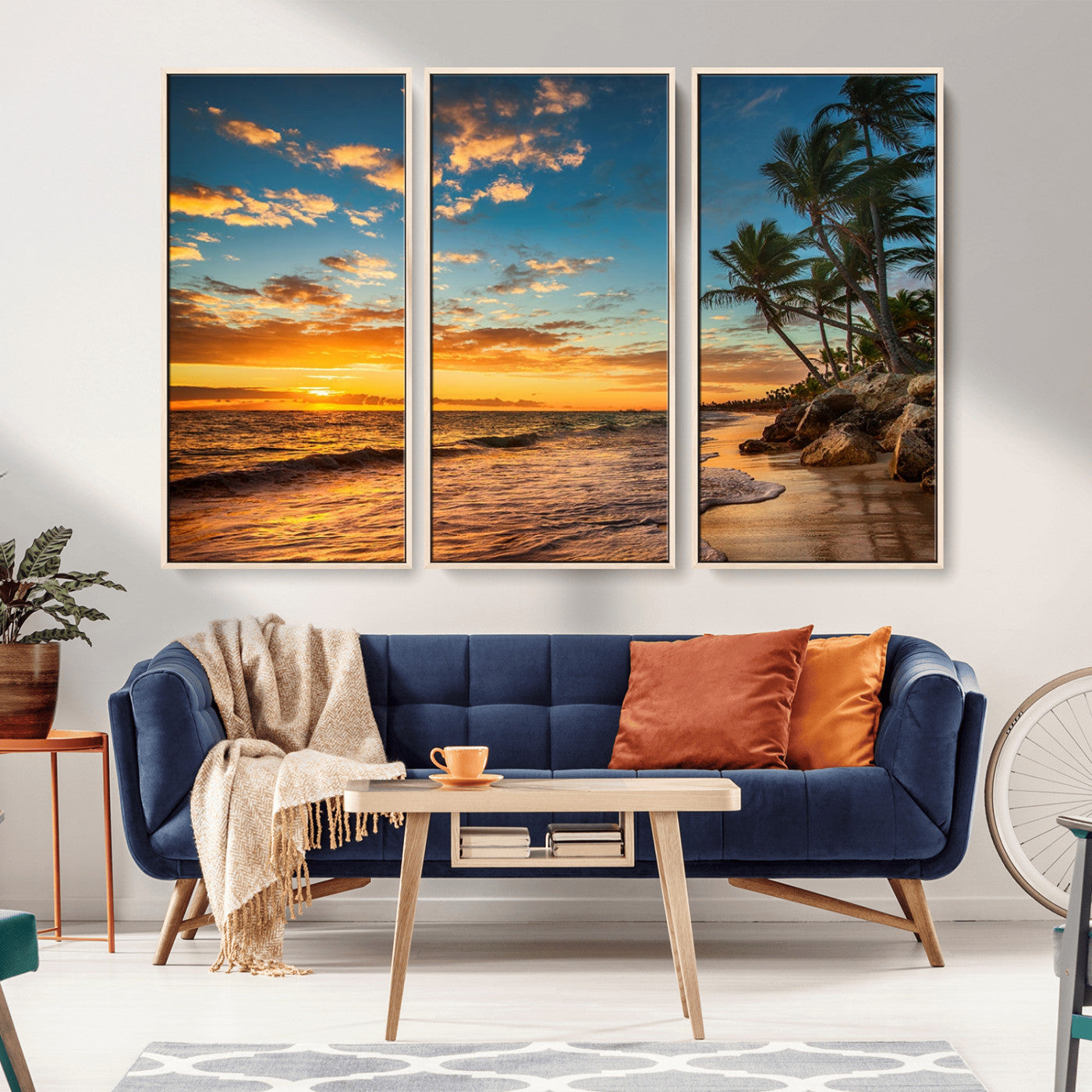 MGV-FC-48X32-3P - Tropical Beach Sunset Wall Art Print – Palm Tree Coastal Canvas Print – Ocean Seascape Artwork – Perfect for Tropical Modern Home Decor