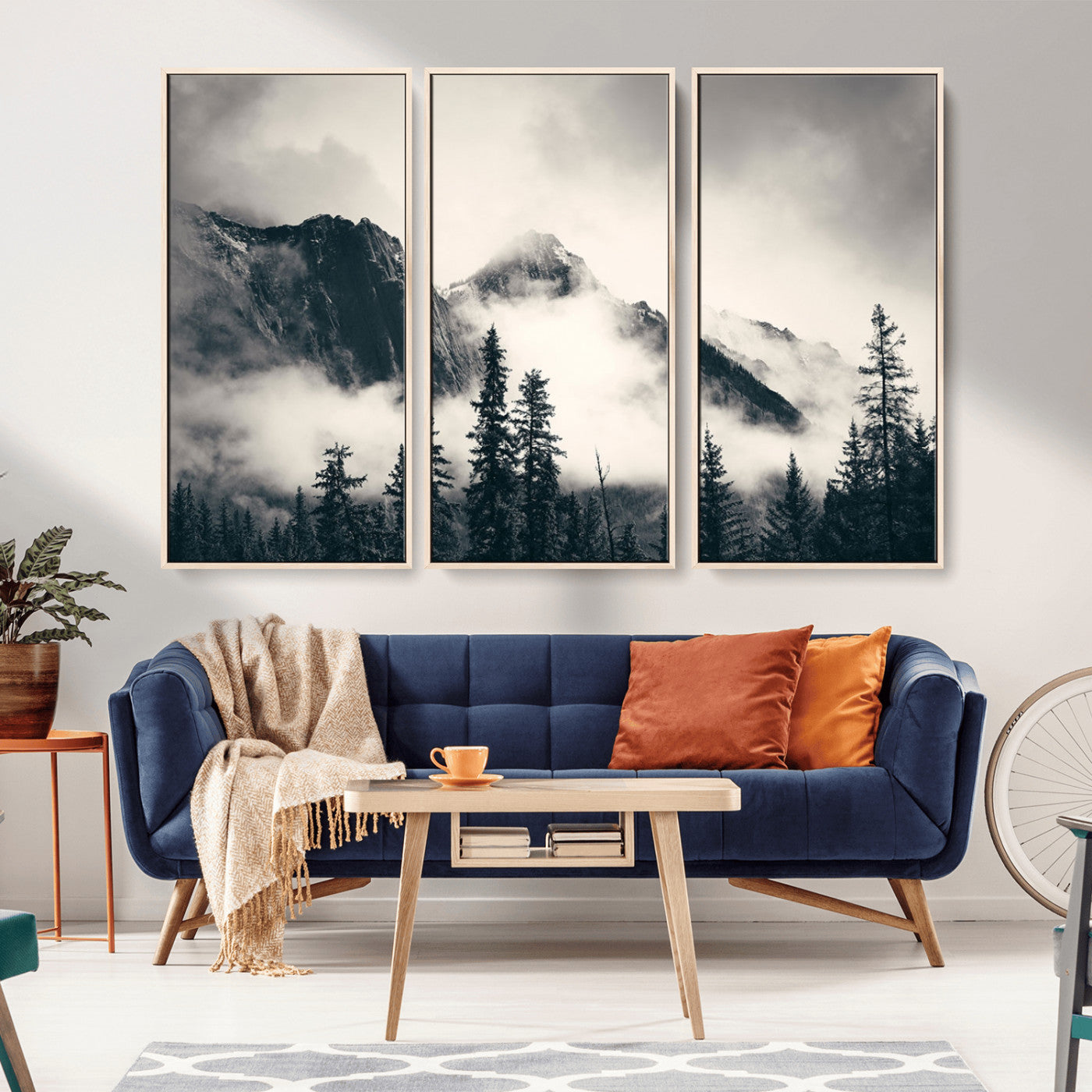 MGV-FC-48X32-3P - Forest Mountain Print - Black and White Canvas Wall Art with Misty Forest Design for Elegant and