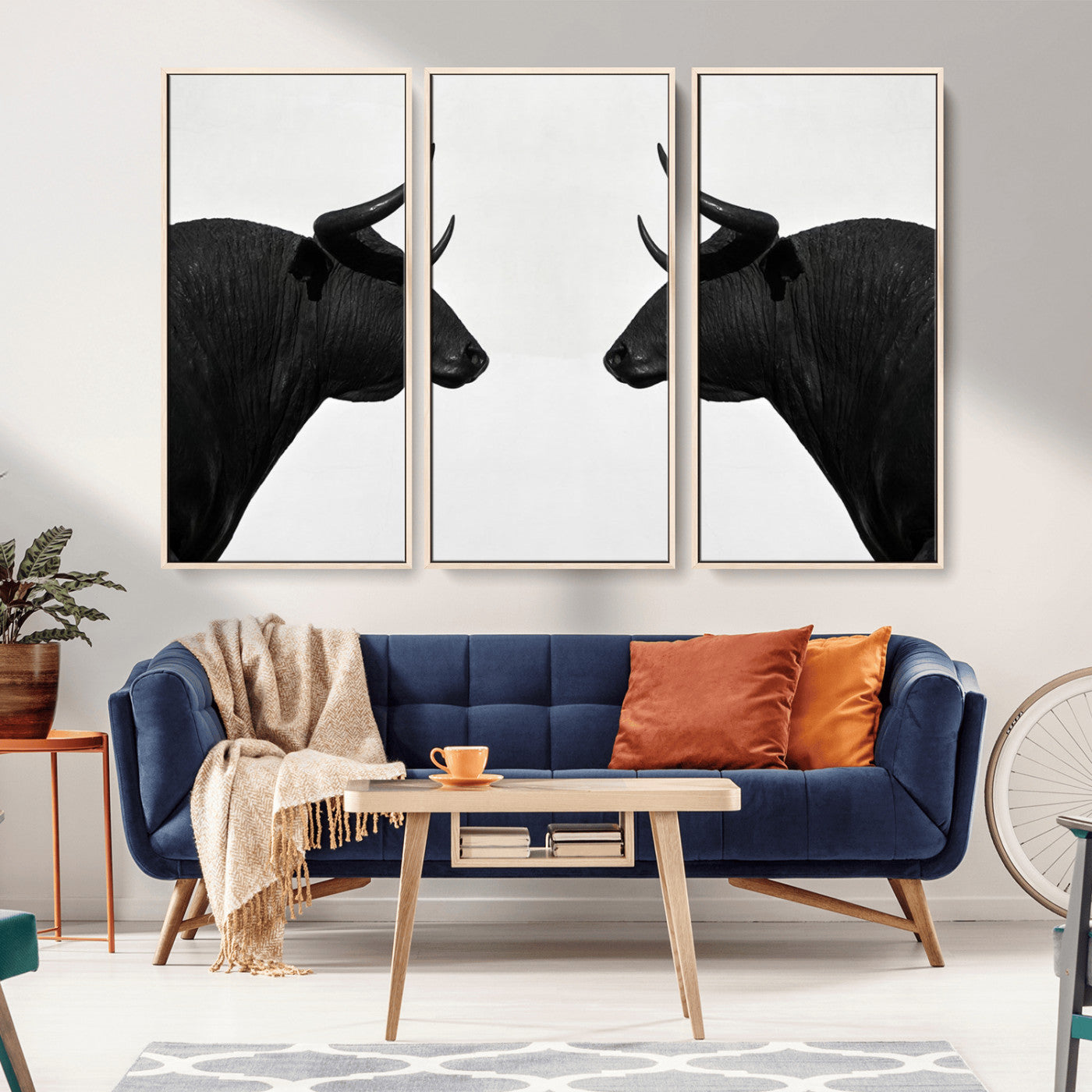 -Spanish Bull Art - Framed Black and White Bull Canvas Print for Modern Rustic Home or Office Decor