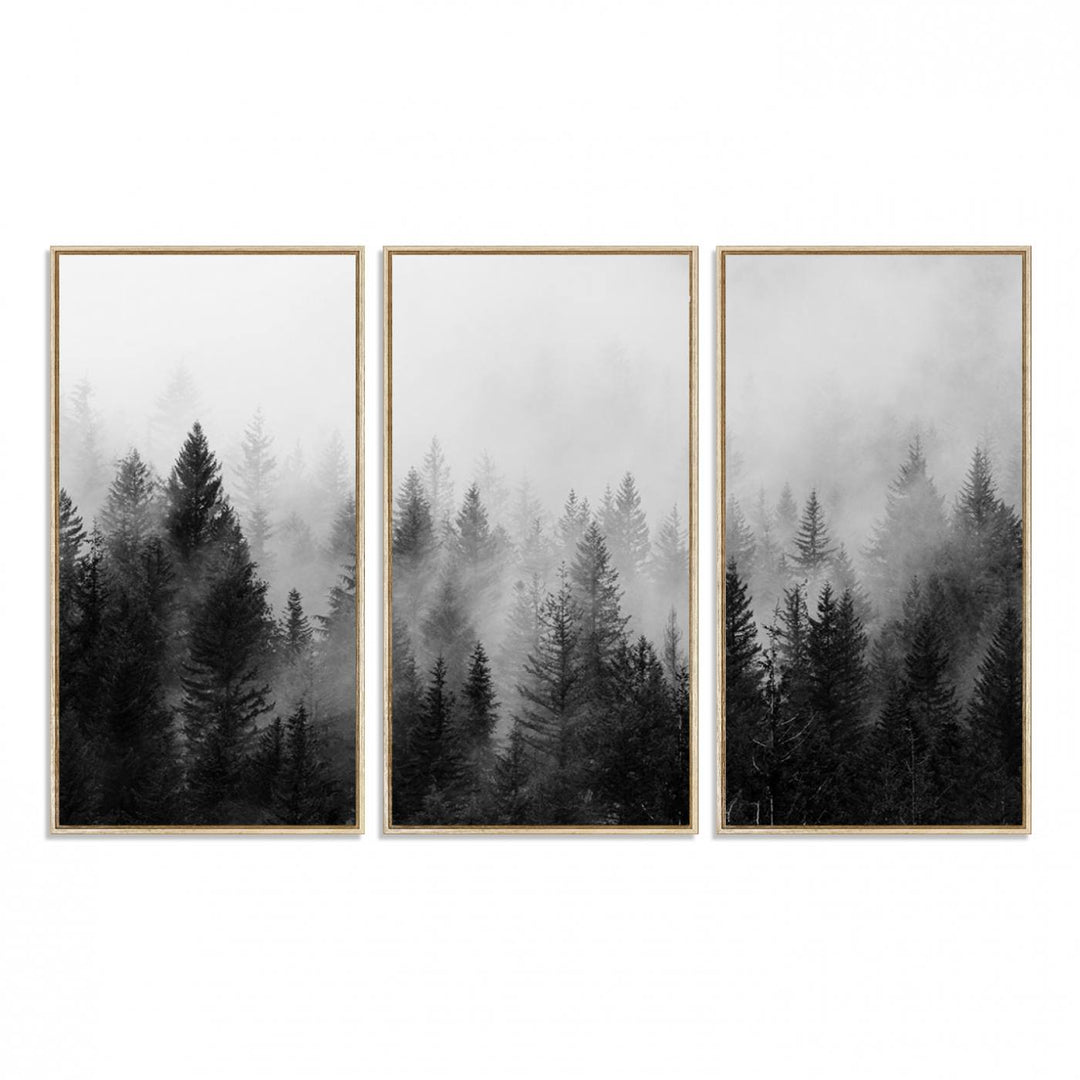 Black and white canvas art depicts a misty pine forest, offering a dense landscape that appeals to nature and woodland art lovers.