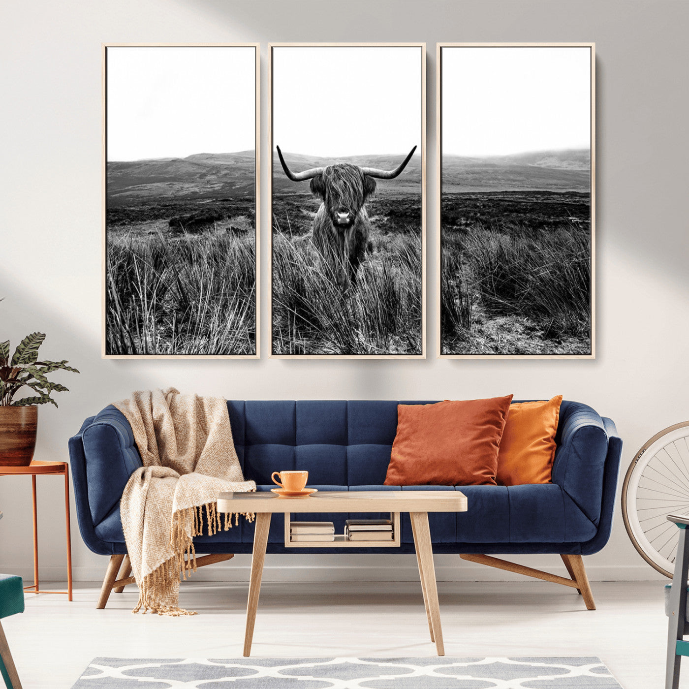 MGV-FC-48X32-3P - Black and White Highland Cow Canvas Wall Art, Longhorn Triptych Western Wall Decor for Cabin -