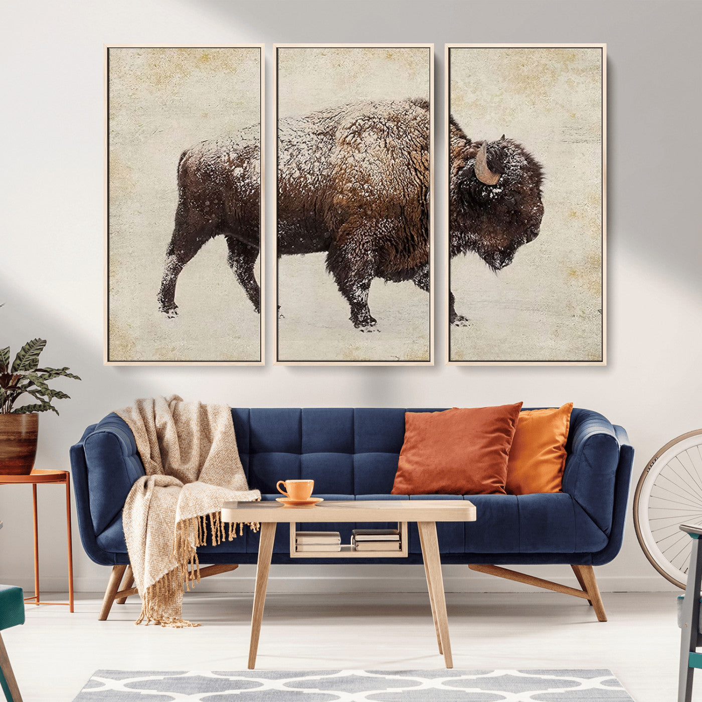 MGV-FC-48X32-3P - Buffalo Wall Art, Western Bison Canvas Print, Rustic Buffalo Art for Cowboy Western Decor, Large Multi-Panel Giclee Canvas for Farmhouse Wall Decor