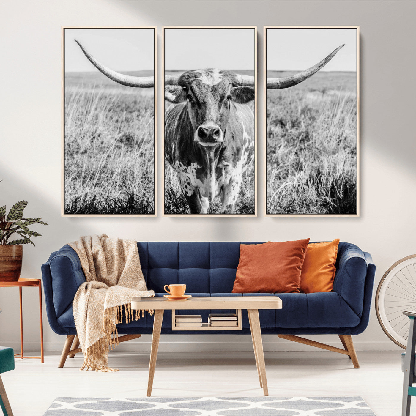 MGV-FC-48X32-3P - Texas Cow Longhorn Wall Art Canvas Print for Farm House Wall Decor, Farmhouse Wall Art Print